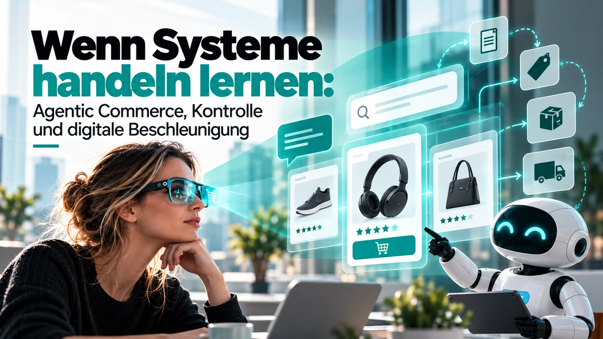 Frau mit KI-Brille interagiert mit einem digitalen Shopping-Agenten und virtuellen Produktkarten - Symbolbild für Agentic Commerce, KI-Agenten, Kontrolle und digitale Beschleunigung.