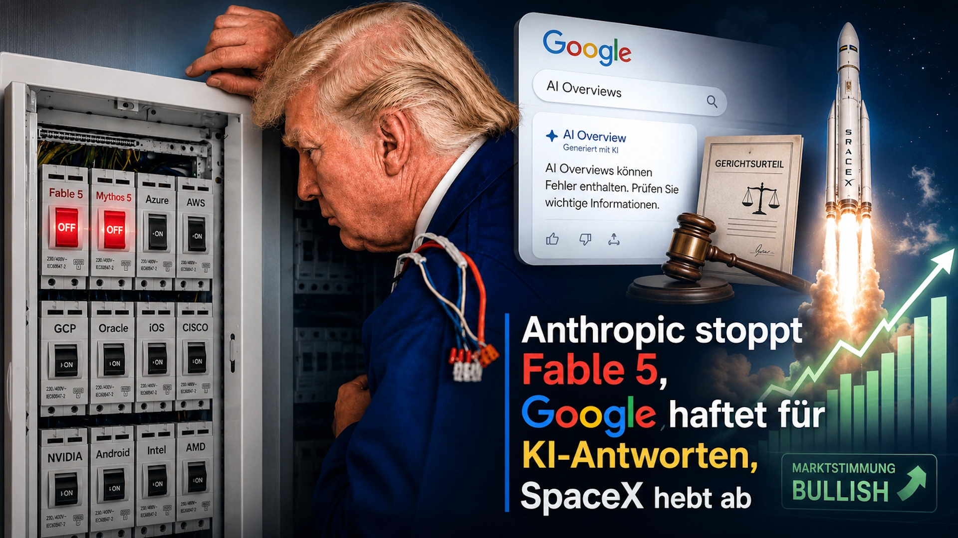 Anthropic stoppt Fable 5, Google gerät wegen KI-Antworten unter Druck und SpaceX hebt weiter ab.