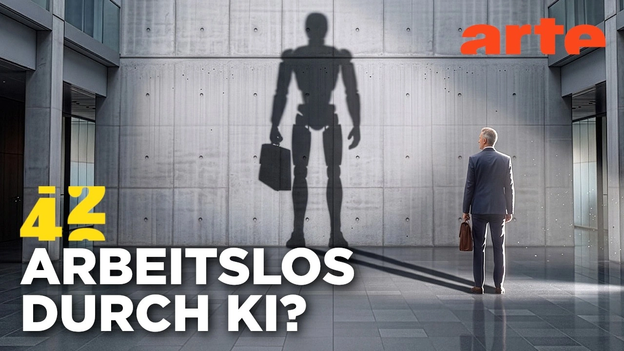 Mann mit Aktentasche steht vor einer Betonwand, auf der sich der übergroße Schatten eines humanoiden Roboters abzeichnet. Im Bild steht die Frage „Arbeitslos durch KI?“.