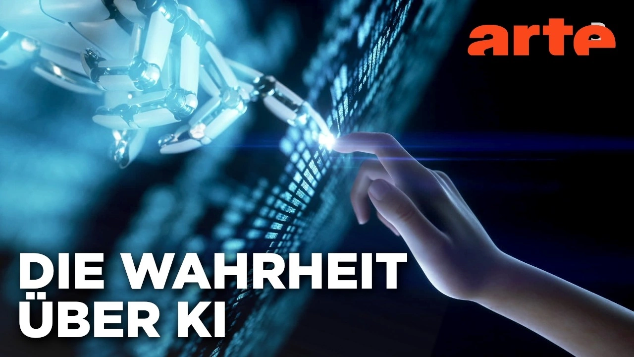 Titelbild der ARTE-Dokumentation „Die Wahrheit über KI“ mit einer Roboterhand und einer menschlichen Hand, die sich vor einem digitalen Bildschirm berühren.