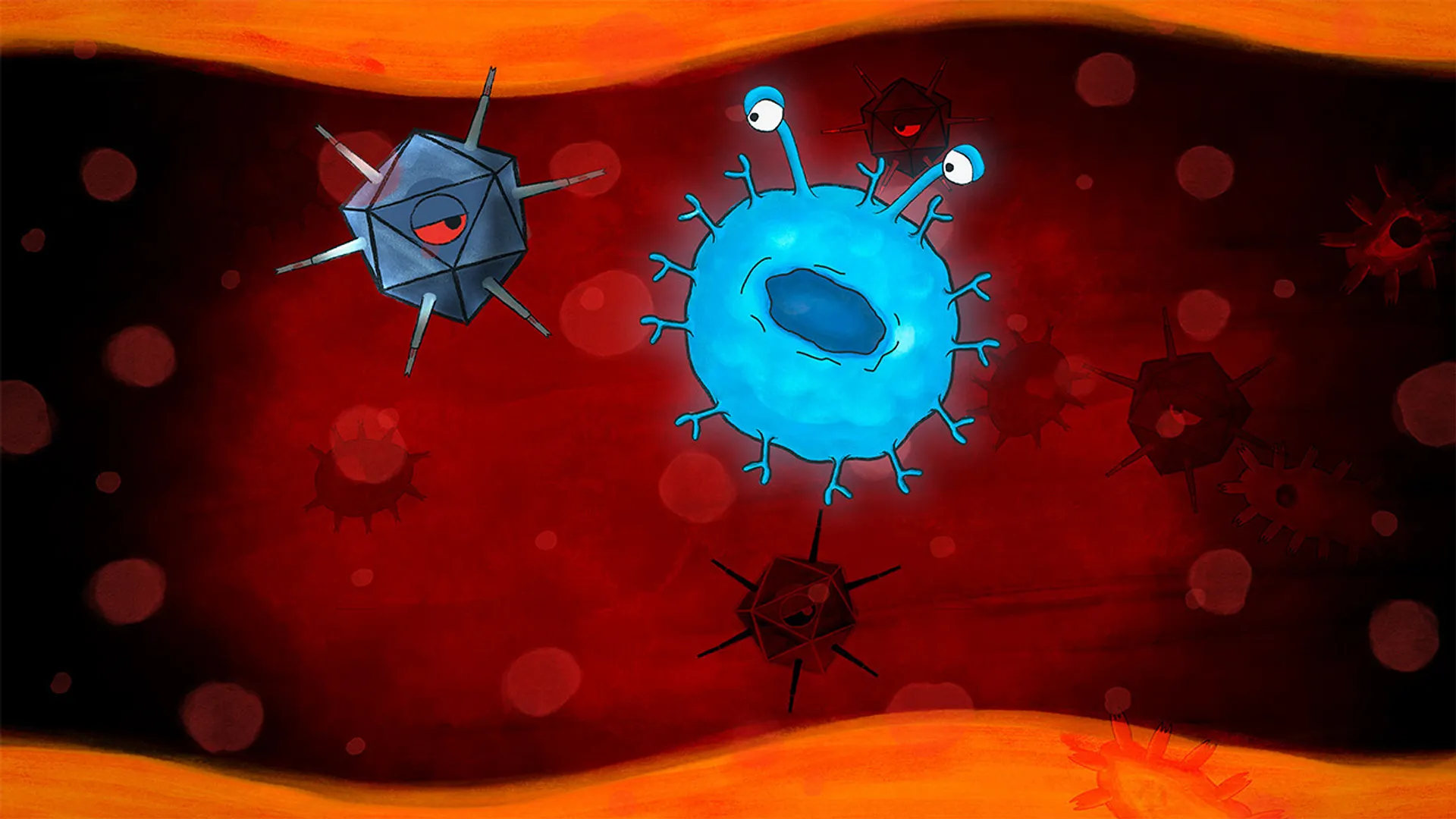 Illustration zur ARTE-Dokumentation „Werden wir immun gegen alles?“ mit stilisierten Immunzellen im Blutkreislauf als Symbol für Immune Engineering und die gezielte Veränderung der Immunabwehr.