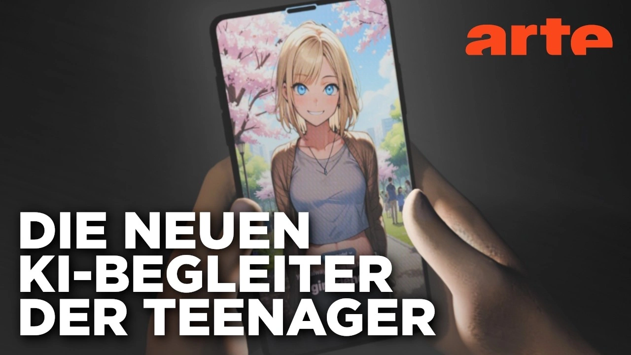 Vorschaubild der ARTE-Dokumentation „Die neuen KI-Begleiter der Teenager“ mit einem Smartphone, das einen KI-Avatar zeigt.