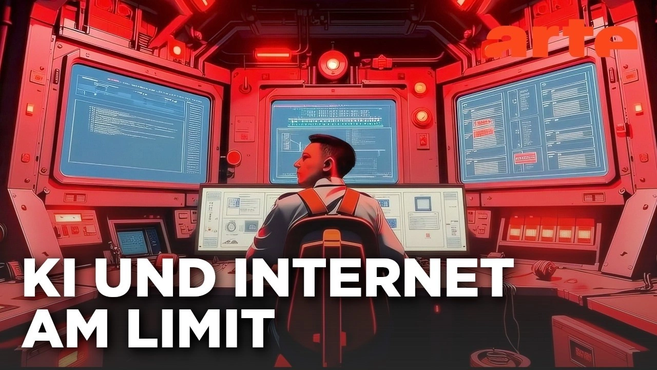 Illustration eines Kontrollraums mit zahlreichen Bildschirmen und Servertechnik zum Thema „KI und Internet am Limit“.