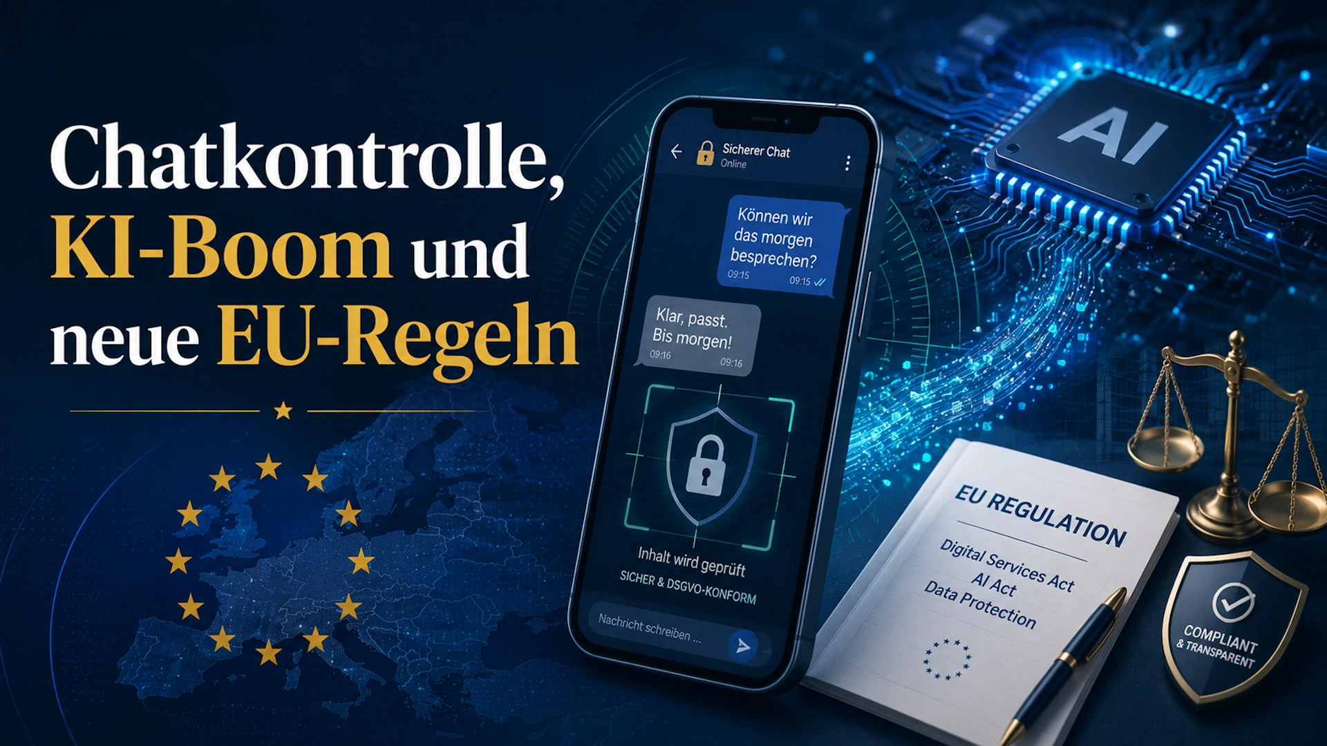 Illustration zu Chatkontrolle, KI-Boom und neuen EU-Regeln mit Smartphone, geprüftem Chat, KI-Chip, Europakarte, Gesetzesdokumenten und Waage.
