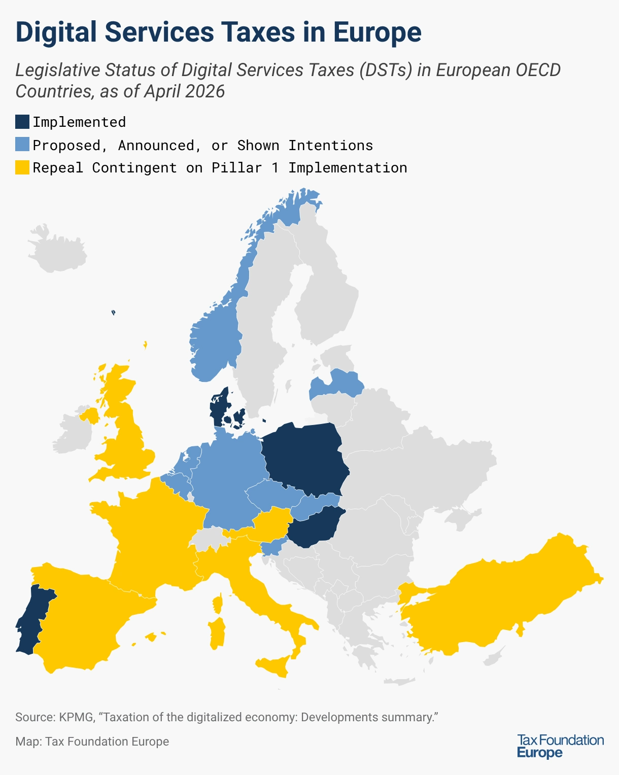 Karte Europas zum gesetzlichen Status von Digital Services Taxes in OECD-Ländern mit umgesetzten, geplanten und an Pillar 1 geknüpften Digitalsteuern.
