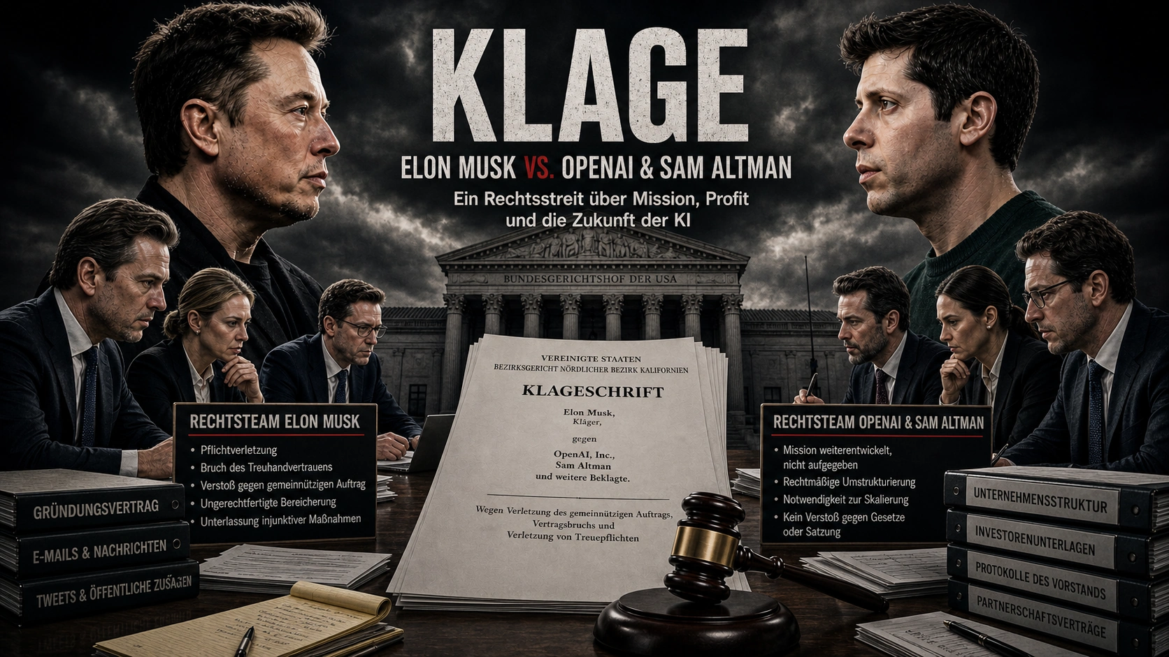 Elon Musk gegen OpenAI und Sam Altman - Visualisierung der Klage zum Streit über KI, Non-Profit-Mission und kommerzielle Ausrichtung