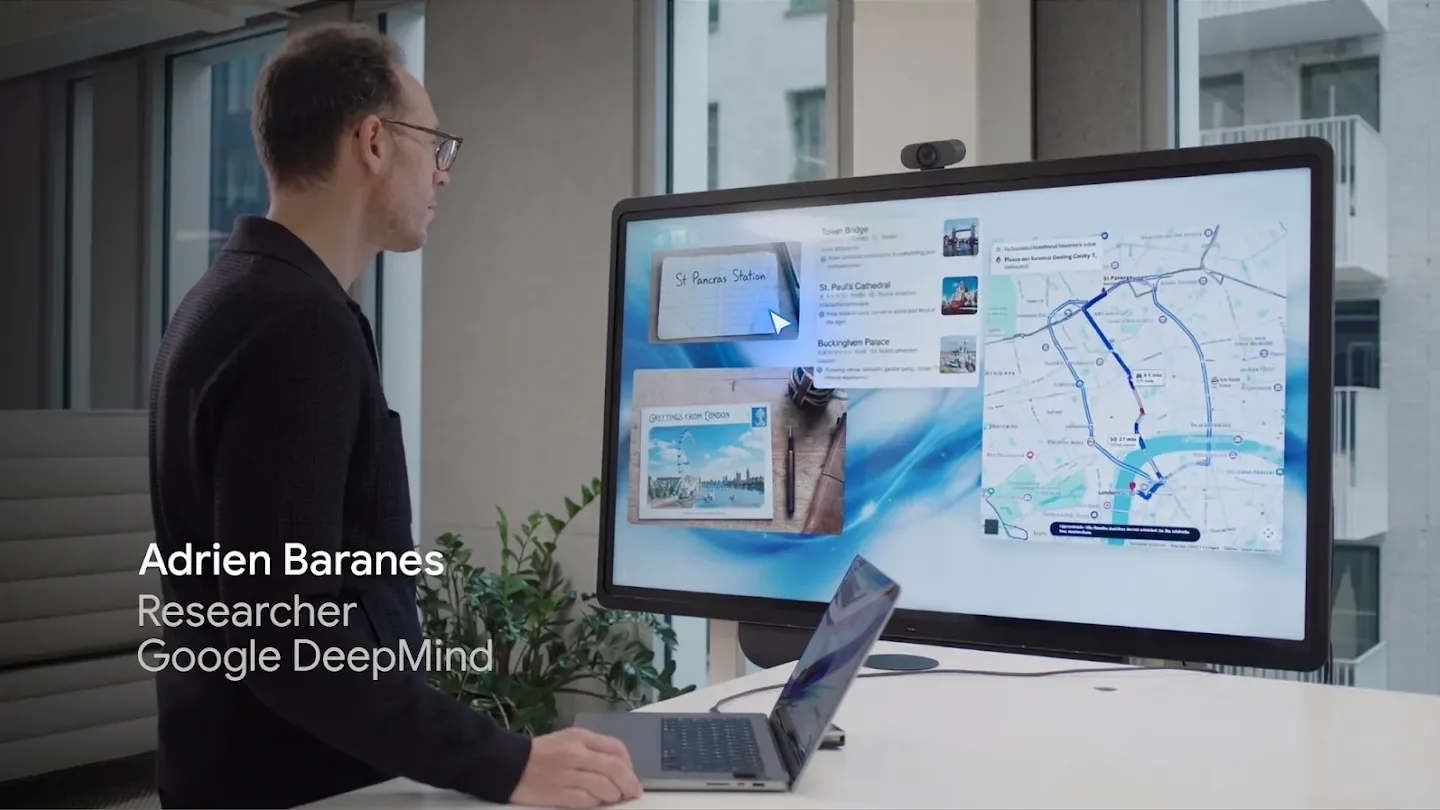 Forscher von Google DeepMind demonstriert Pointer Engineering an einem interaktiven Bildschirm mit Karten, Notizen und KI-gestützter Navigation. Die Szene zeigt moderne Mensch-KI-Interaktion und neue Bedienkonzepte für KI-Systeme.