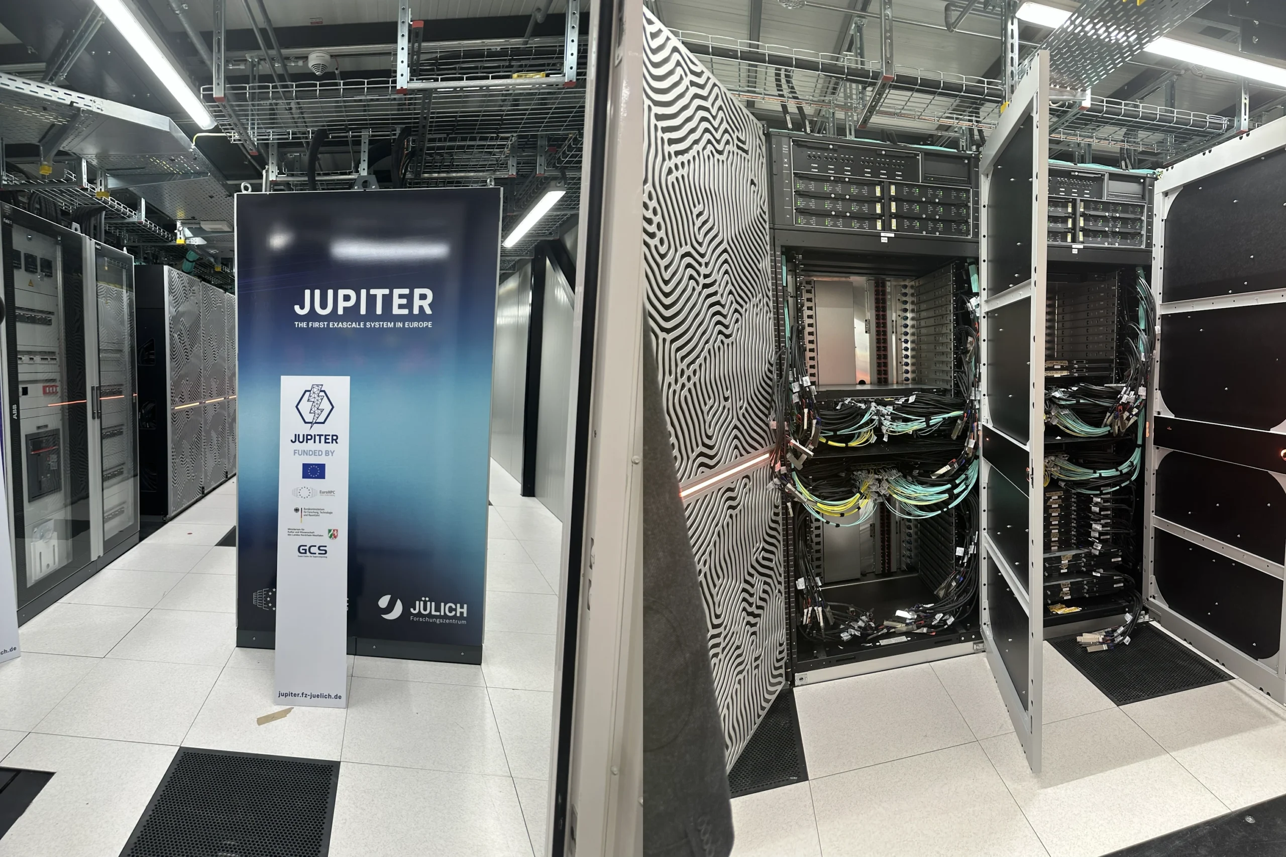Blick auf den JUPITER-Supercomputer im Forschungszentrum Jülich mit geöffneten Serverschränken, Rechenmodulen und zahlreichen Glasfaser- und Datenkabeln.