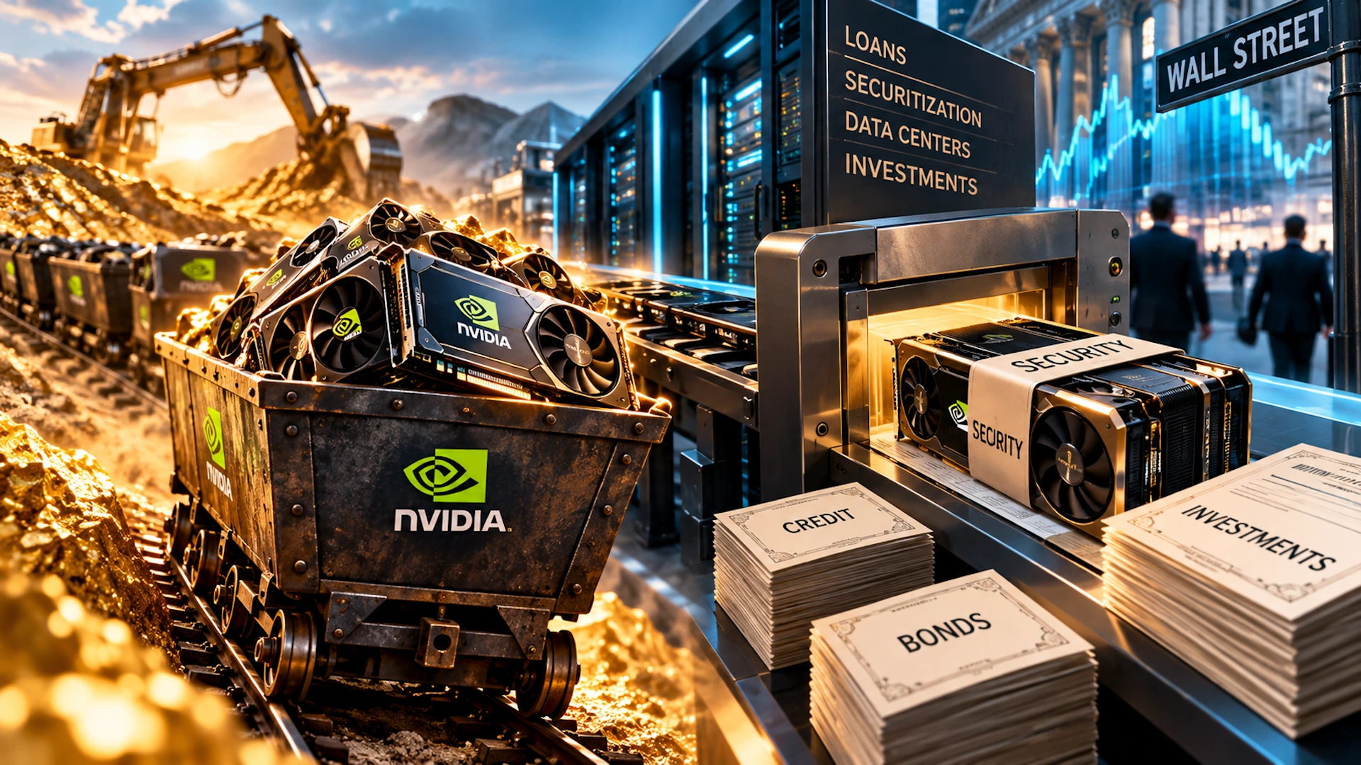 Illustration zur Finanzierung des KI-Booms: NVIDIA-Grafikprozessoren werden symbolisch vom Rohstoffabbau über Rechenzentren zu Finanzanlagen an der Wall Street. Kredite, Anleihen und Verbriefungen verdeutlichen die zunehmende Verflechtung von KI-Infrastruktur und Finanzmärkten.