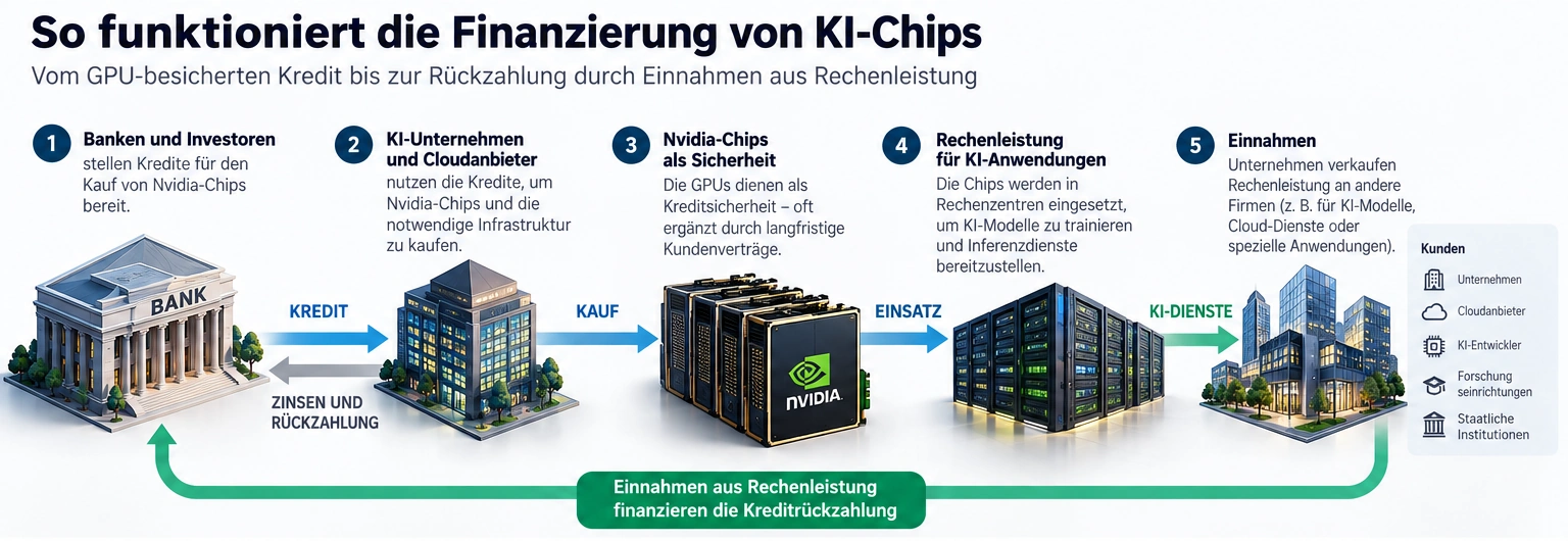 Infografik zur Finanzierung von NVIDIA-KI-Chips durch Kredite, GPU-Sicherheiten und Einnahmen aus Rechenleistung.