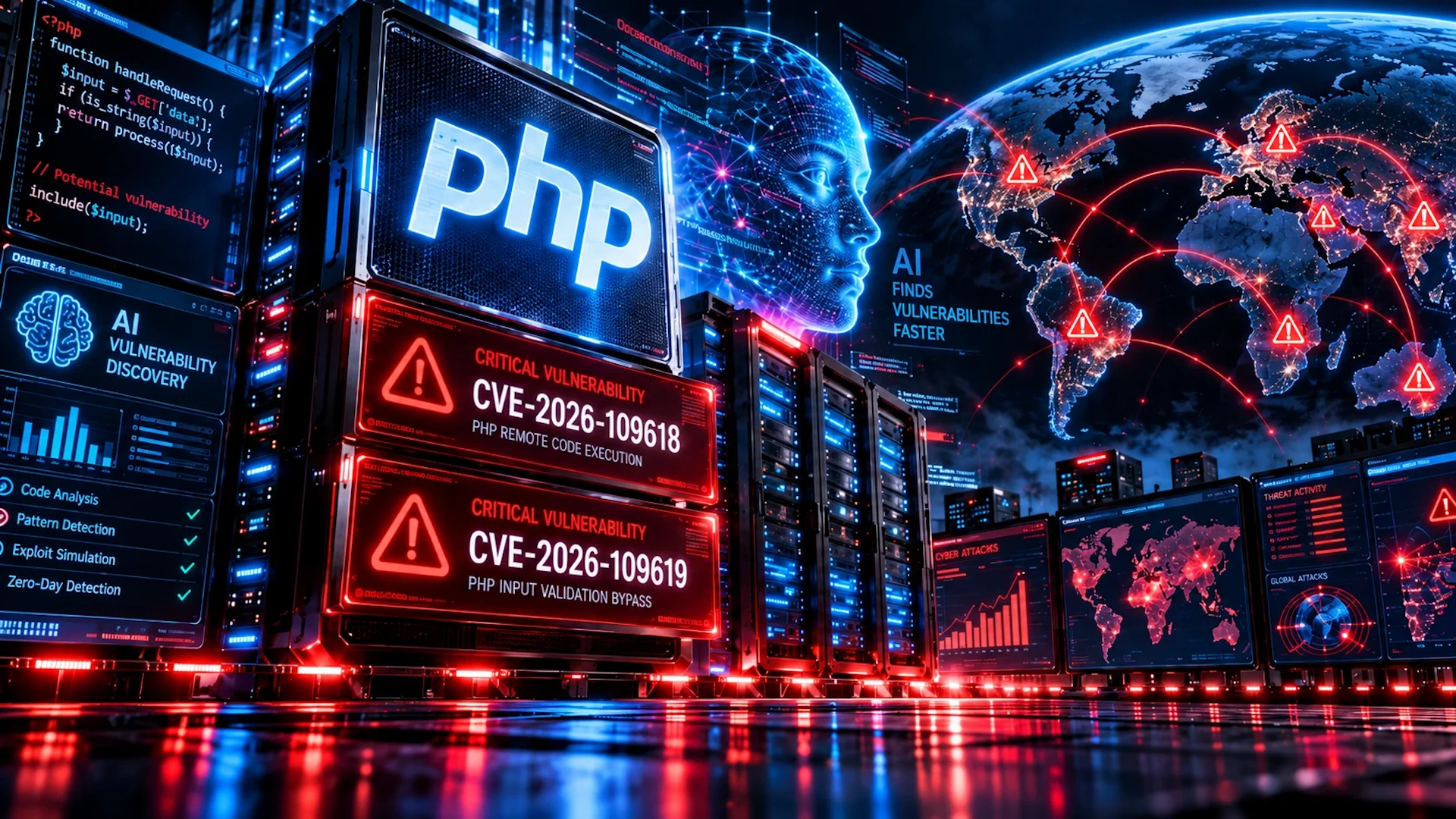 KI analysiert kritische PHP-Sicherheitslücken. Server, Warnmeldungen und eine Weltkarte visualisieren globale Cyberbedrohungen.
