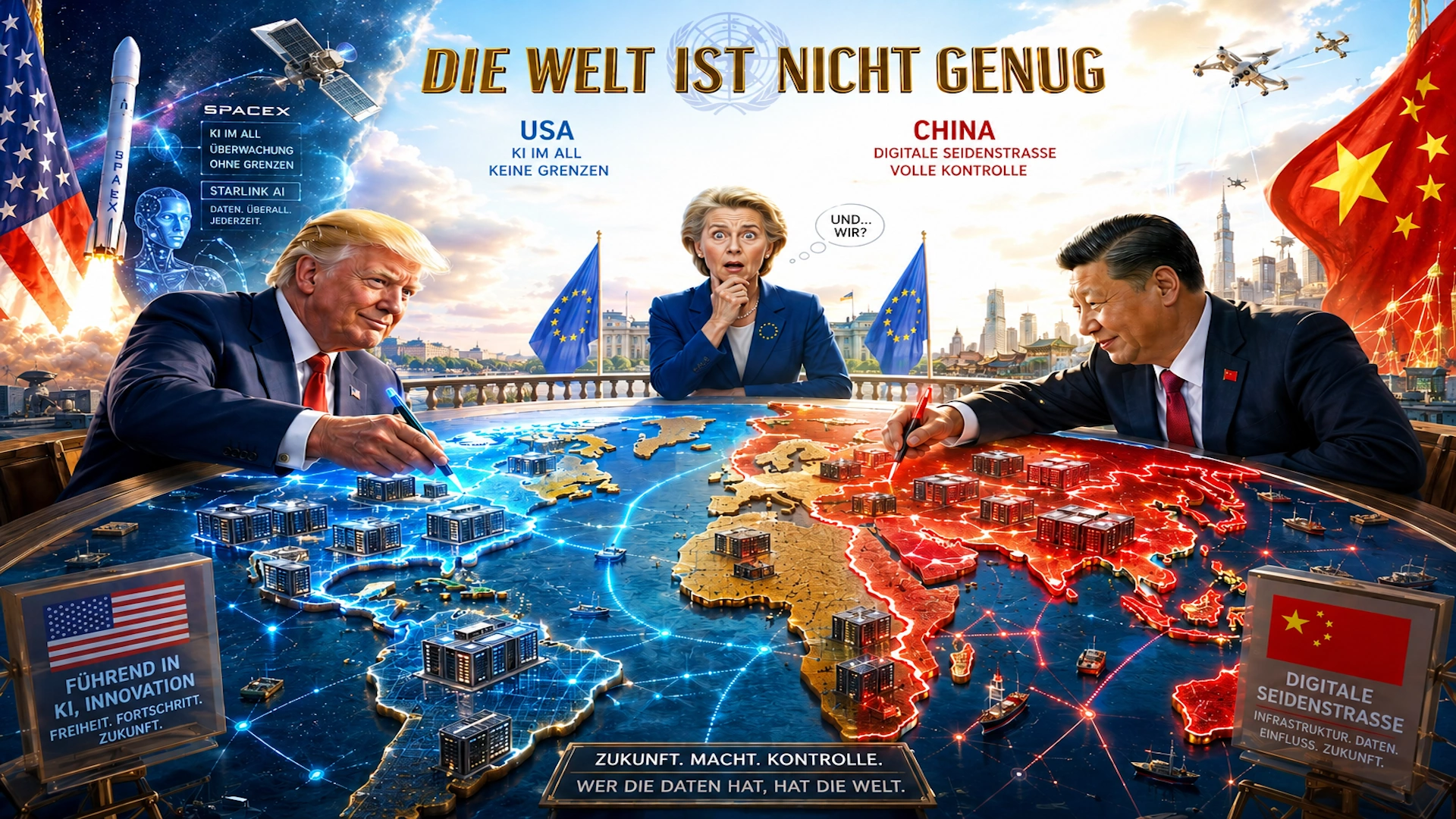 Illustration zur geopolitischen Konkurrenz zwischen USA und China um KI, Rechenzentren, Dateninfrastruktur und technologische Vorherrschaft, während Europa beobachtend dazwischensteht