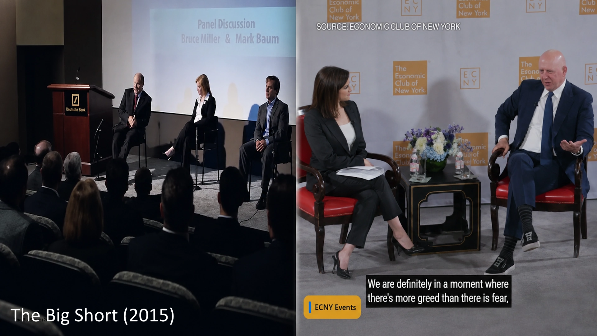 Split-Screen-Grafik zum KI-Hype an den Finanzmärkten: Vergleich zwischen einer Paneldiskussion aus „The Big Short“ und einem Economic-Club-of-New-York-Interview mit Goldman Sachs-Chef David Solomon über Gier, Angst und Marktpsychologie.