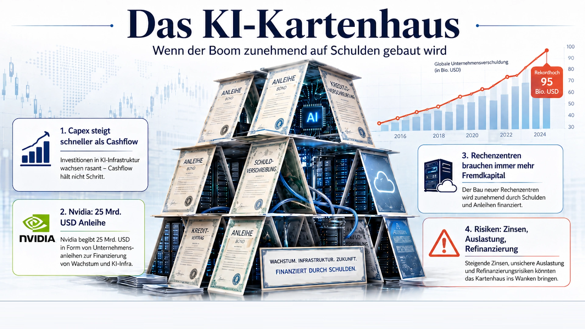 Infografik „Das KI-Kartenhaus“: Ein Kartenhaus aus Anleihen und Rechenzentren zeigt, wie der KI-Boom zunehmend durch Schulden und Fremdkapital finanziert wird.