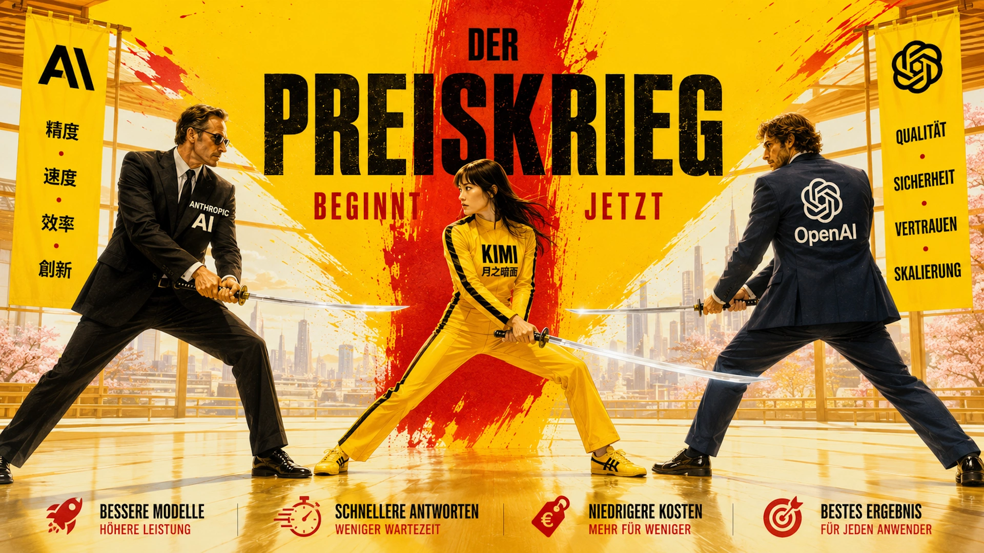 Stilisierte Kampfszene zum KI-Preiskrieg: Kimi steht mit einem Schwert zwischen Vertretern von Anthropic und OpenAI. Im Hintergrund steht „Der Preiskrieg beginnt jetzt“.