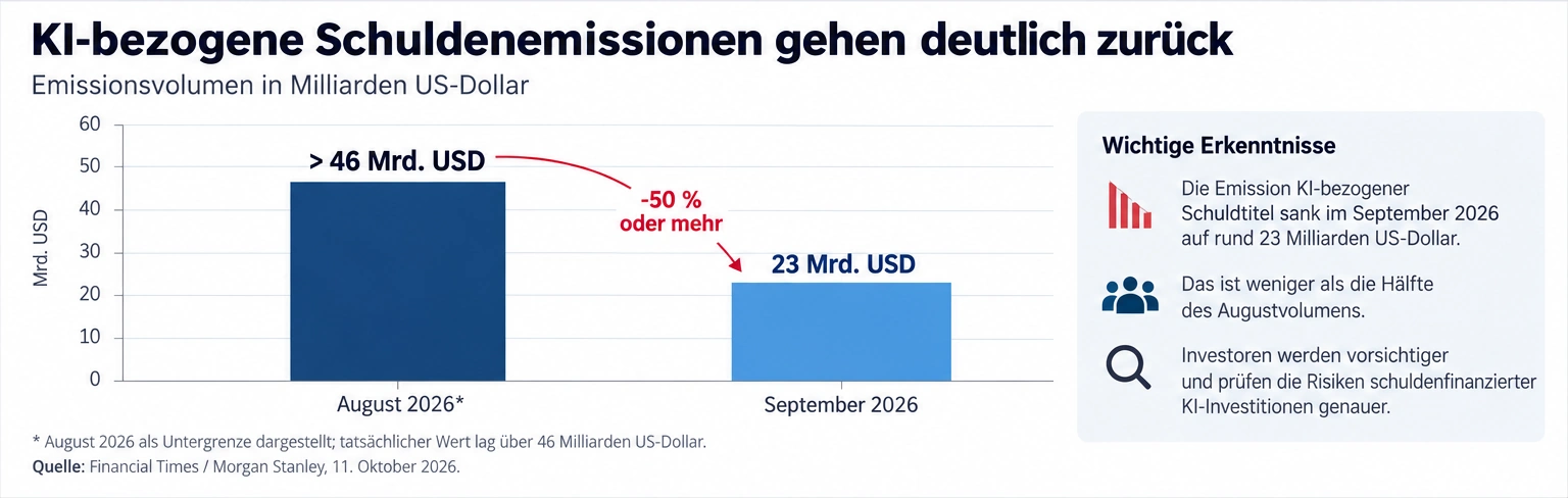 KI-bezogene Schuldenemissionen sinken von über 46 auf 23 Milliarden US-Dollar im September 2026.