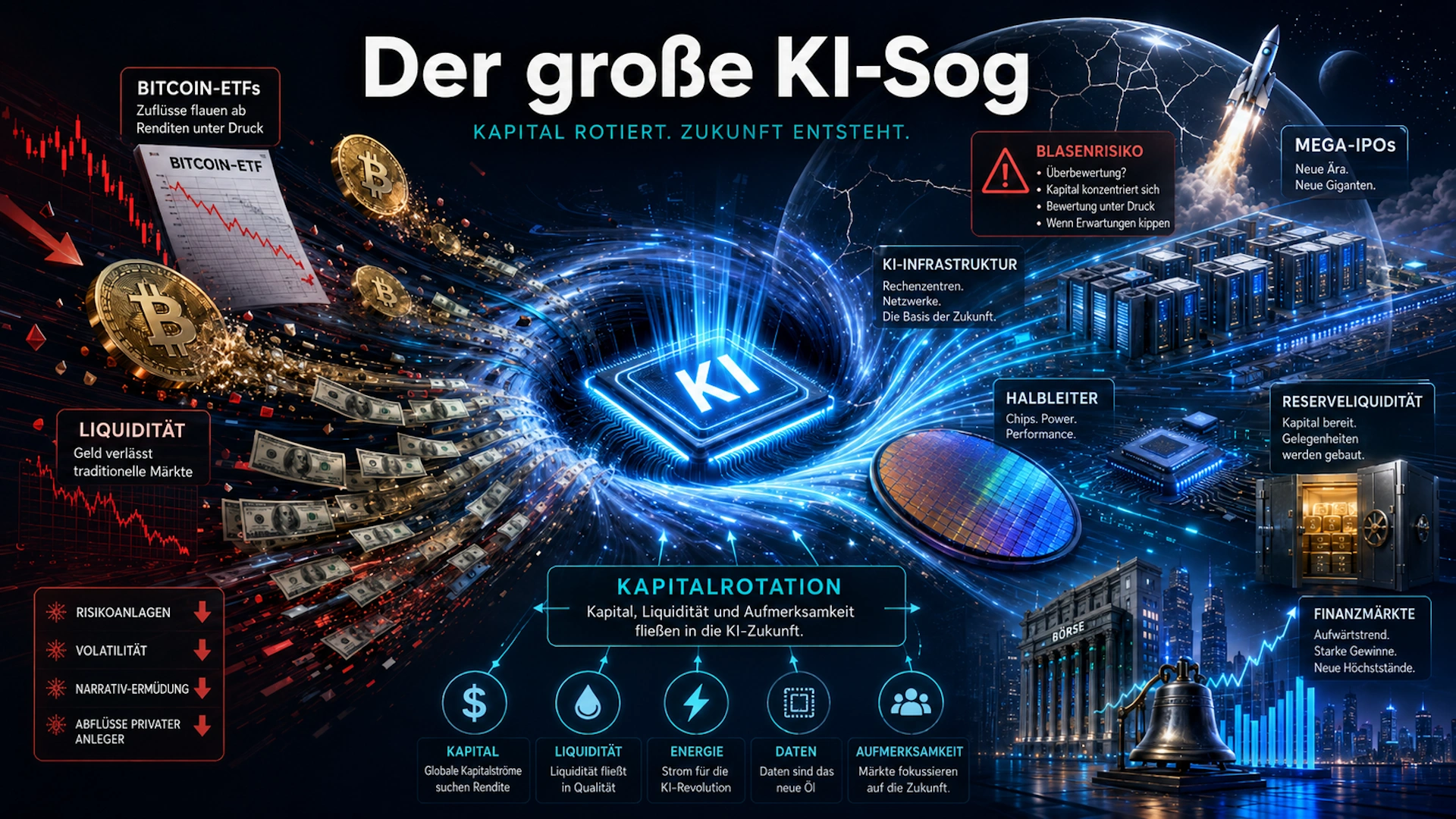 Illustration zum großen KI-Sog: Kapitalrotation aus Bitcoin-ETFs, Liquidität und traditionellen Märkten in KI-Infrastruktur, Halbleiter, Rechenzentren und Mega-IPOs.