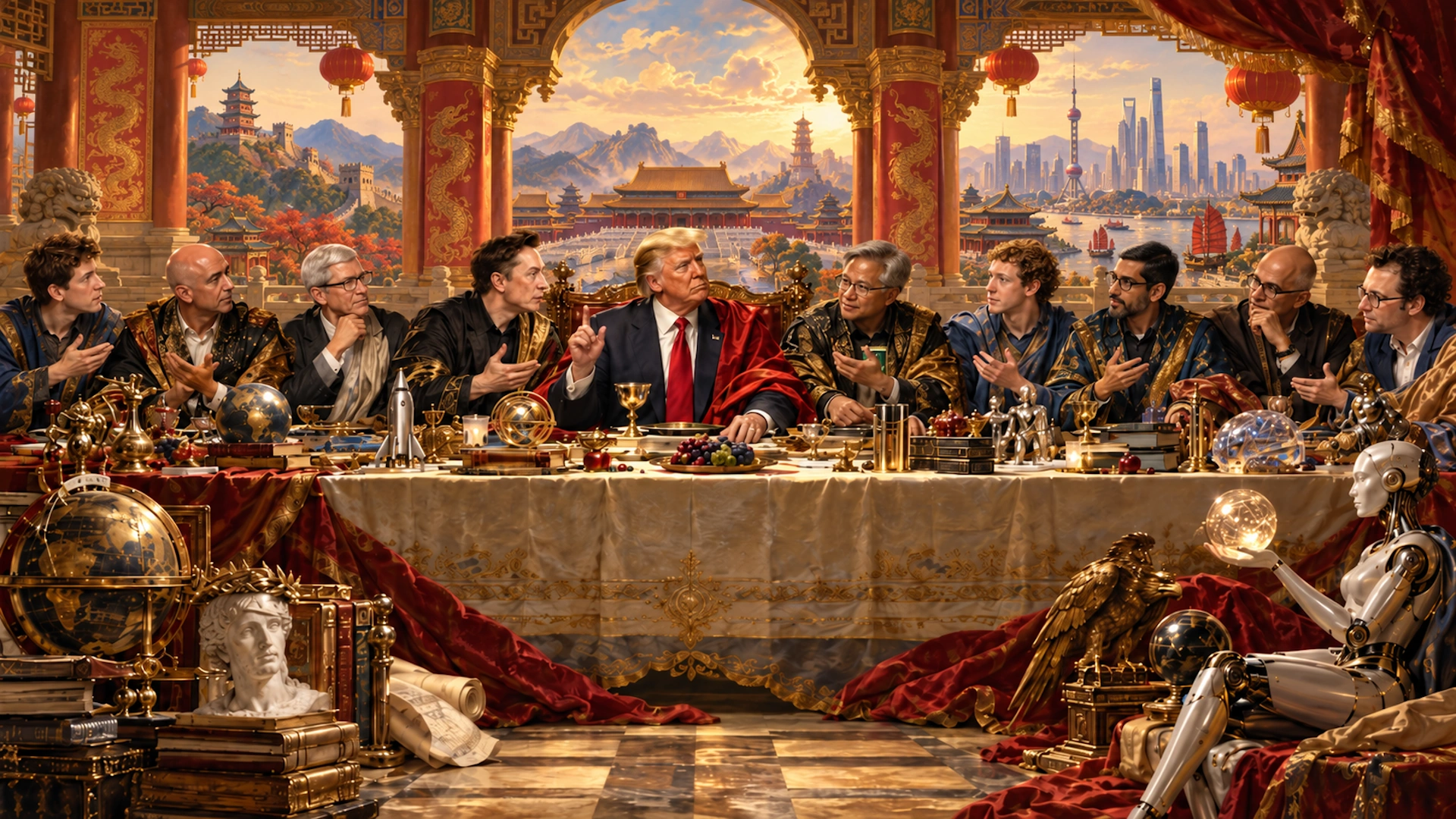 Illustration eines Treffens von Donald Trump und führenden Tech-Unternehmern an einer opulenten Tafel vor chinesischer Kulisse als Symbol für KI-Wettbewerb, Macht und Regulierung.