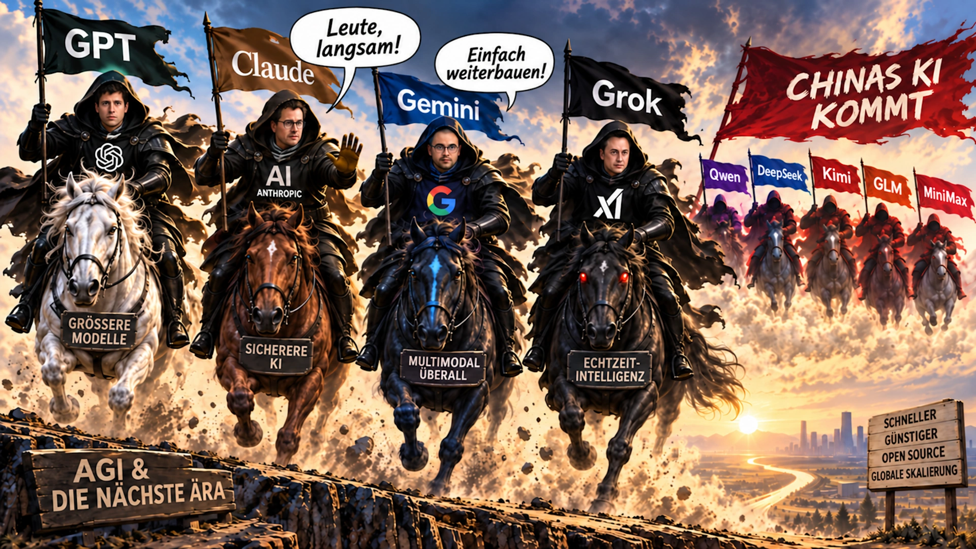Illustration eines KI-Wettrennens mit GPT, Claude, Gemini und Grok im Vordergrund sowie chinesischen KI-Modellen wie Qwen, DeepSeek, Kimi, GLM und MiniMax im Hintergrund.