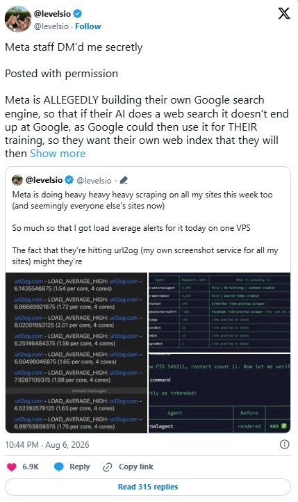 Screenshot eines X-Beitrags von Pieter Levels über Hinweise darauf, dass Meta möglicherweise einen eigenen Webindex und eine eigene Suchinfrastruktur für KI-Anwendungen aufbaut.