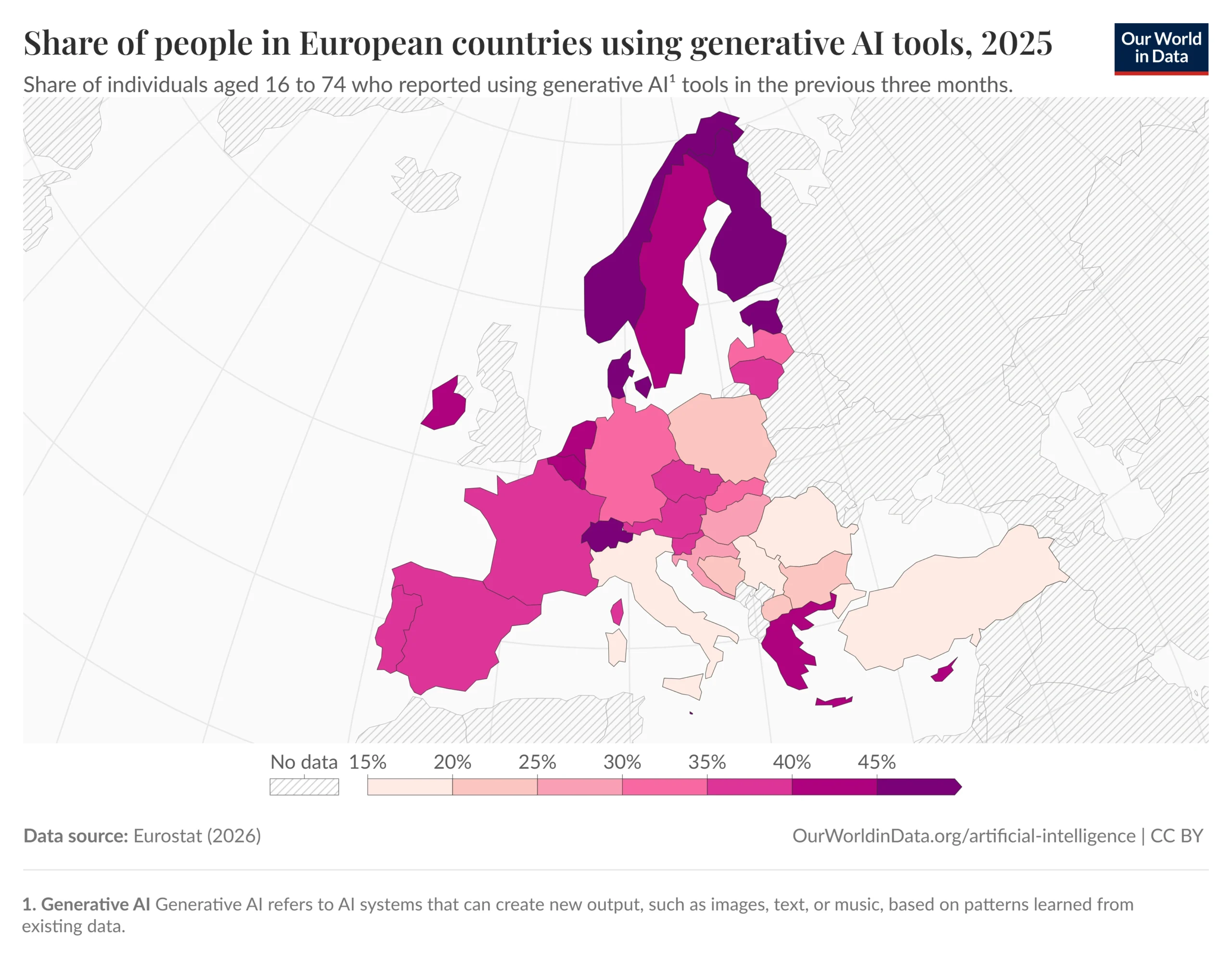 Europakarte zur Nutzung generativer KI im Jahr 2025 mit dem Anteil der 16- bis 74-Jährigen, die in den vergangenen drei Monaten generative KI-Tools verwendet haben.
