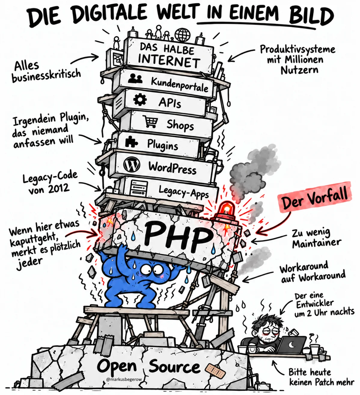 Satirische Illustration zeigt PHP als überlastetes Fundament des Internets, das WordPress, Shops, APIs und Millionen Nutzer trägt.