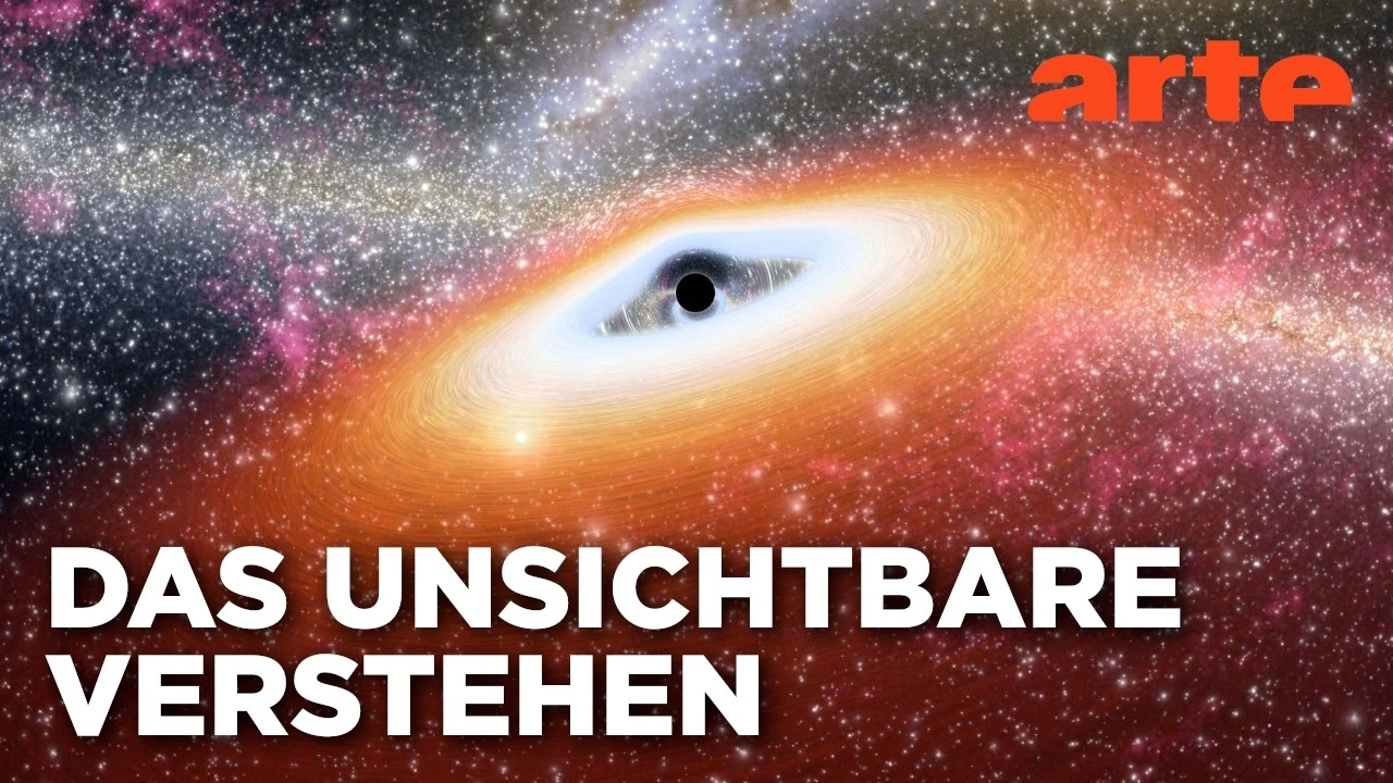 Illustration eines Schwarzen Lochs im Weltall mit dem Schriftzug „Das Unsichtbare verstehen“ aus einer ARTE-Dokumentation zur Quantenphysik.