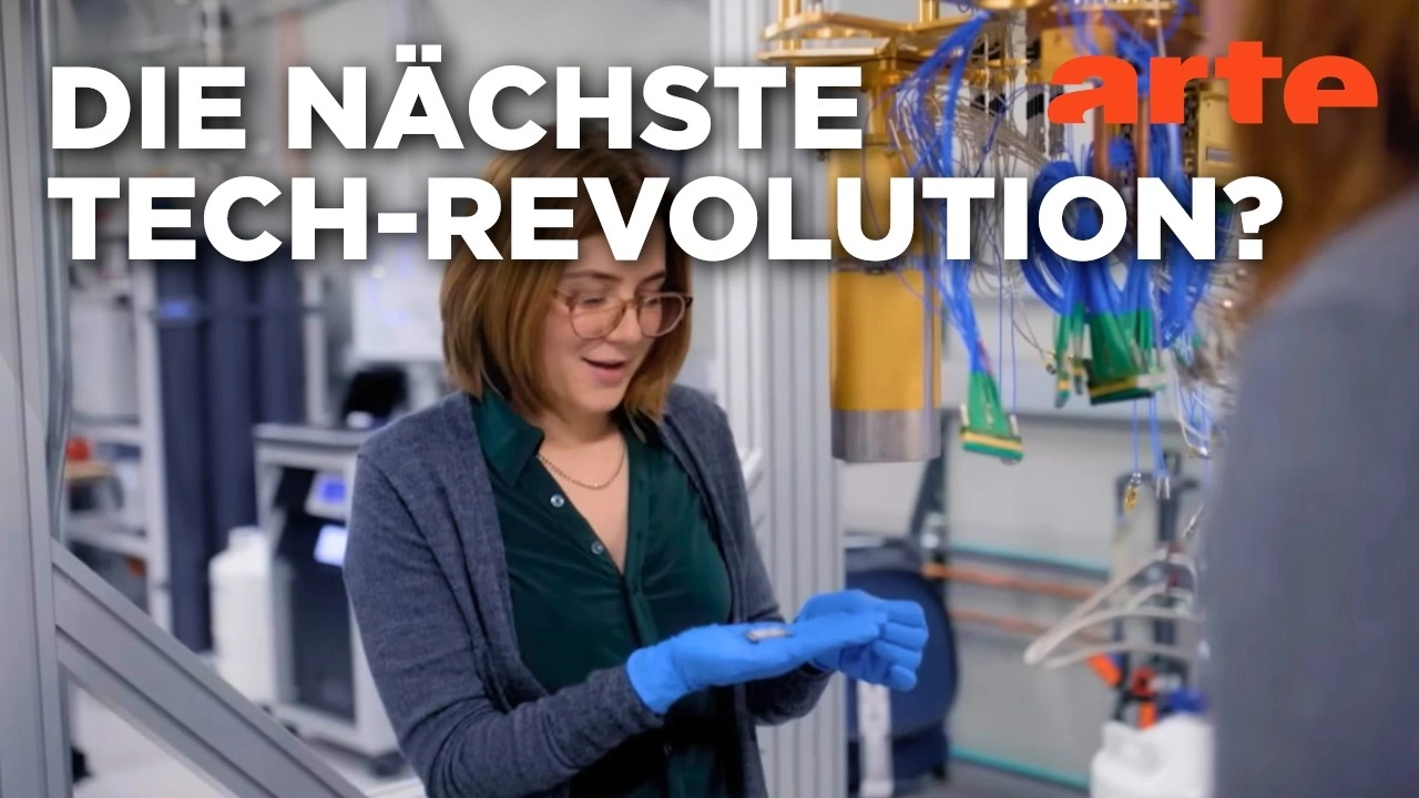 Forscherin in einem Quantentechnologie-Labor mit technischer Anlage und der Überschrift „Die nächste Tech-Revolution?“ sowie dem ARTE-Logo.