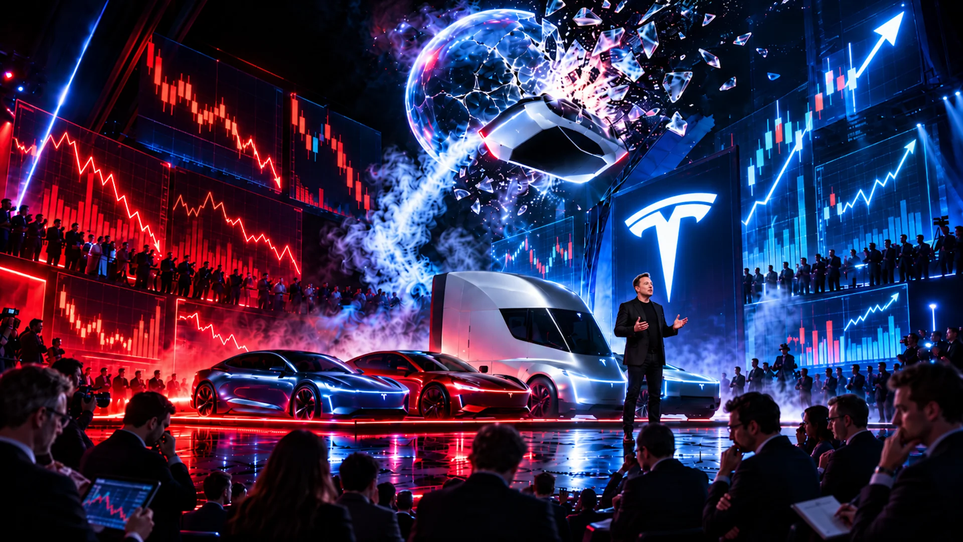 Futuristische Tesla-Präsentation mit Elon Musk, fliegendem Roadster und Elektrofahrzeugen. Steigende und fallende Börsenkurse symbolisieren den Konflikt zwischen technologischen Zukunftsvisionen, hohen Börsenbewertungen und dem Risiko platzender Anlegerträume.