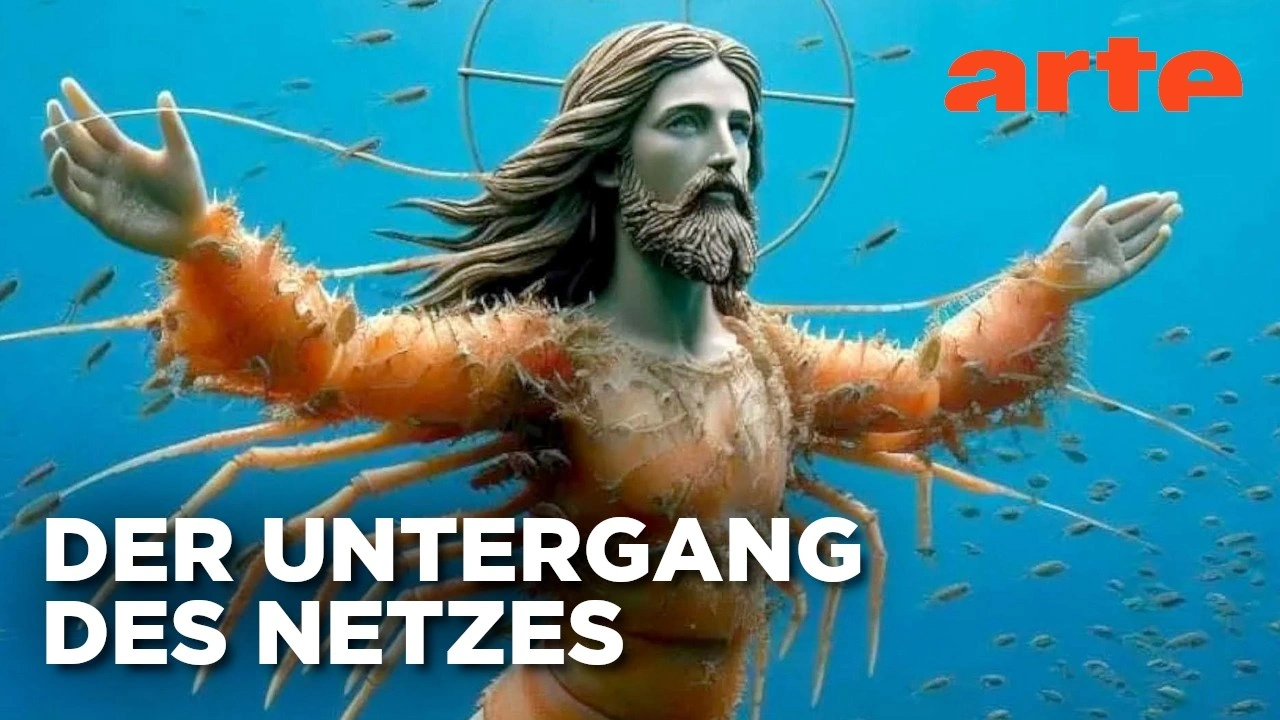 Surreale Darstellung einer Jesus-ähnlichen Figur mit mehreren Armen unter Wasser, umgeben von Fischen, mit dem Schriftzug „Der Untergang des Netzes“ und Arte-Logo - Symbolbild für den Zerfall des Internets.